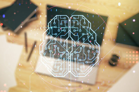 Creative artificial Intelligence concept with human brain sketch on modern computer background....