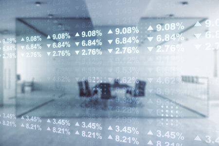 Abstract virtual analytics data spreadsheet on a modern furnished classroom background, analytics...