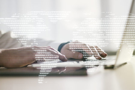 Multi exposure of abstract creative digital world map and hand typing on computer keyboard on...