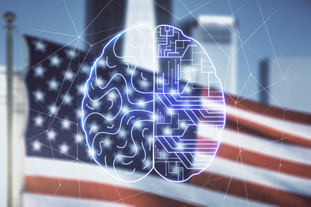Virtual creative artificial Intelligence hologram with human brain sketch on US flag and skyline...