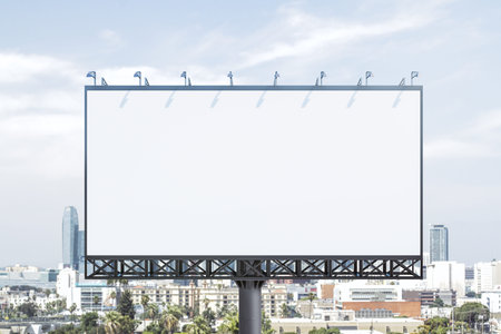 Blank white horizontal billboard on skyline background at daytime, front view. Mock up, advertising...