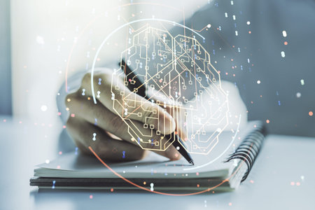 Double exposure of creative artificial Intelligence symbol with man hand writing in notebook on...