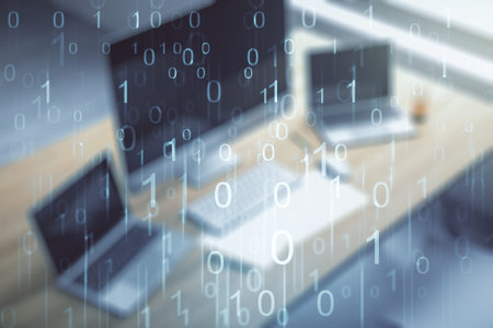 Creative concept of binary code illustration and modern desktop with computer on background. Big...