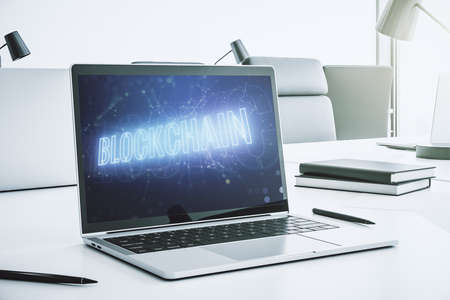 Creative abstract blockchain technology hologram on modern computer monitor, cryptography and decentralization concept. 3D Renderingの写真素材