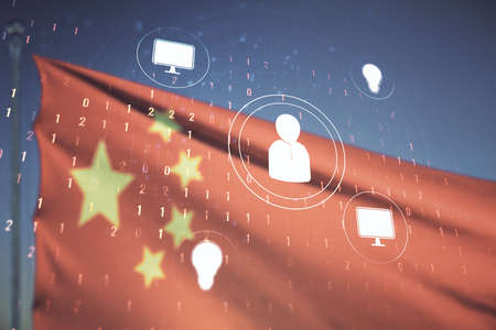 Double exposure of social network icons hologram on Chinese flag and sunset sky background. Networking conceptの写真素材