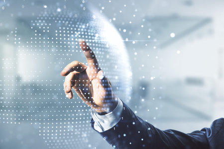 Multi exposure of man hand working with abstract creative digital world map hologram on blurred...