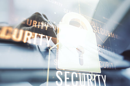 Creative lock illustration with microcircuit and hands typing on computer keyboard on background,...