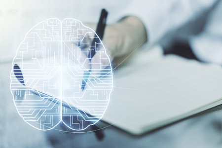 Creative artificial Intelligence concept with human brain hologram and man hand writing in notebook...