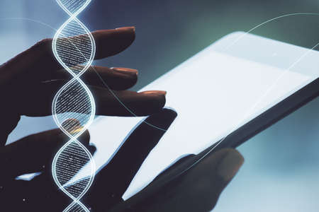 Creative concept with DNA symbol illustration and finger clicks on a digital tablet on background. Genome research concept. Multiexposureの写真素材