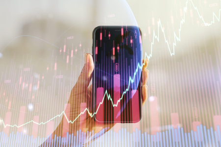 Multi exposure of abstract financial graph with world map and hand with mobile phone on background,...