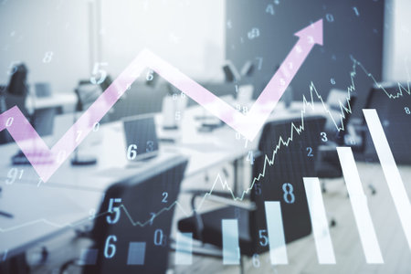 Abstract virtual financial graph hologram and upward arrow on a modern furnished office background,...