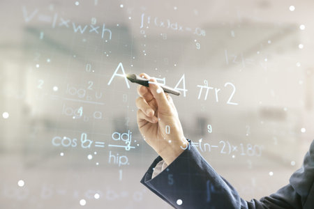 Man hand with pen working with scientific formula hologram on blurred classroom background, research...