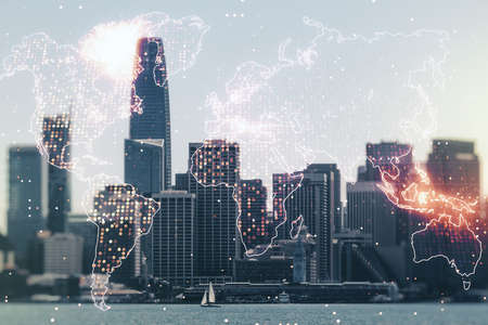 Double exposure of abstract digital world map hologram on San Francisco office buildings background, big data and blockchain conceptの写真素材