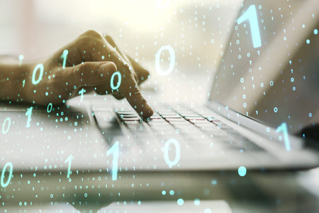 Creative abstract binary code sketch and hands typing on computer keyboard on background, hacking...