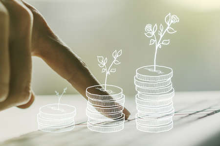 Creative abstract cash savings sketch and hands typing on computer keyboard on background, success and solution concept. Multi exposureの写真素材