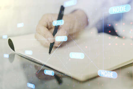 Multi exposure of abstract creative coding sketch and man hand writing in notebook on background, artificial intelligence and neural networks conceptの写真素材