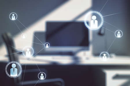 Social network media concept and modern desktop with pc on background. Double exposureの写真素材