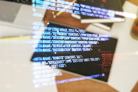 Double exposure of abstract creative programming illustration and modern digital tablet on...