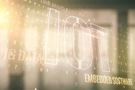 Creative IOT illustration on modern interior background, future technology concept. Multiexposure