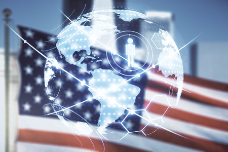 Virtual social network media hologram and world map on USA flag and blurry skyscrapers background....