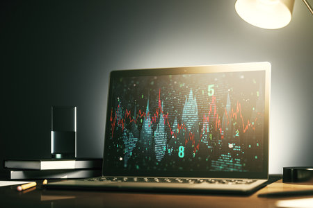 Modern computer monitor with abstract creative financial chart, research and strategy concept. 3D Renderingの写真素材