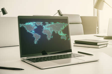 Abstract creative world map on modern laptop screen, international trading concept. 3D Renderingの写真素材