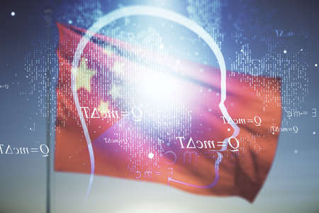 Double exposure of creative artificial Intelligence hologram on flag of China and sunset sky background. Neural networks and machine learning conceptの写真素材