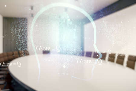 Abstract virtual artificial Intelligence concept with human head sketch on a modern coworking room background. Double exposureの写真素材