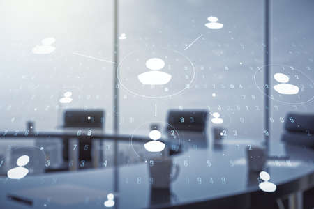 Double exposure of abstract virtual social network icons on a modern meeting room background. Marketing and promotion conceptの写真素材