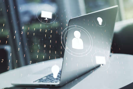 Social network concept with modern laptop on background. Multiexposureの写真素材