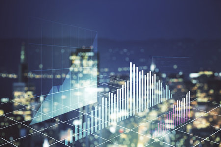 Double exposure of virtual creative financial diagram on blurry office buildings background, banking...