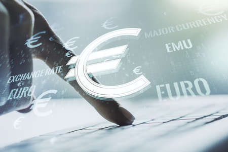 Creative EURO symbols illustration and hands typing on computer keyboard on background, forex and currency concept. Multiexposureの写真素材