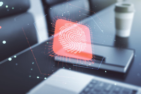 Multi exposure of abstract fingerprint scan interface on computer background, digital access concept