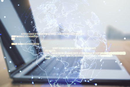 Multi exposure of abstract software development hologram with world map on laptop background, global...