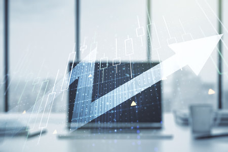 Double exposure of abstract creative financial diagram with upward arrow on computer background, growth and development conceptの写真素材