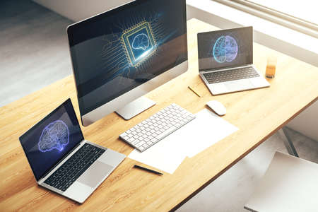 Modern computer monitor with creative artificial Intelligence symbol. Neural networks and machine learning concept. 3D Renderingの写真素材