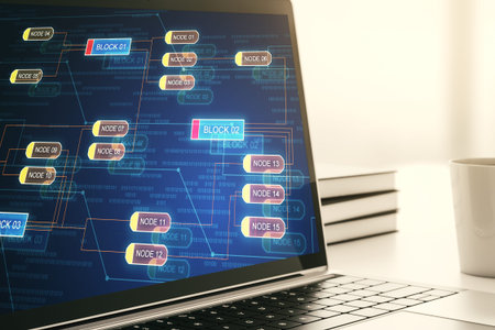 Modern computer monitor with abstract programming language, research and development concept. 3D...