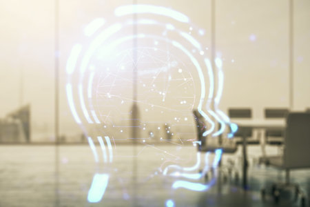 Abstract virtual artificial Intelligence concept with human head sketch on a modern coworking room background. Double exposureの写真素材