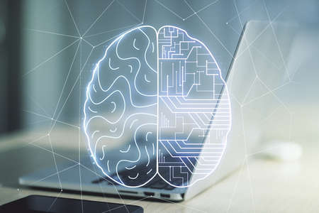 Creative artificial Intelligence concept with human brain sketch on modern computer background. Double exposureの写真素材