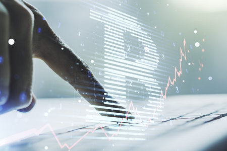 Creative Bitcoin concept with hands typing on laptop on background. Multiexposure