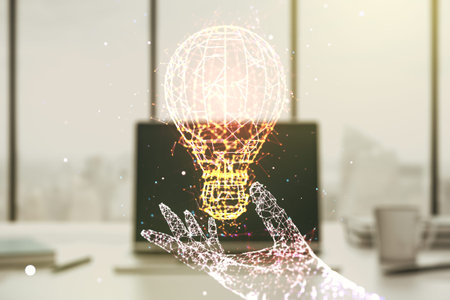 Creative idea concept with light bulb illustration on modern laptop background. Multiexposure