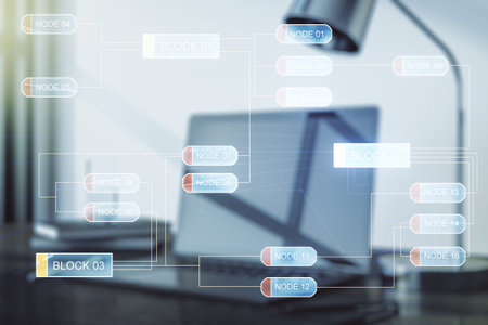 Abstract creative coding concept on modern laptop background. Multiexposure
