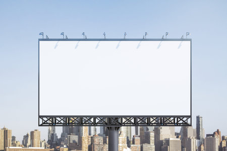 Blank white horizontal billboard on skyline background at daytime, front view. Mock up, advertising...
