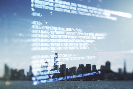 Multi exposure of abstract creative coding sketch on San Francisco city skyline background,...