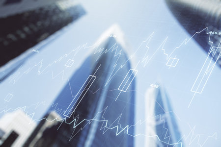 Double exposure of abstract financial diagram on office buildings background, banking and accounting...