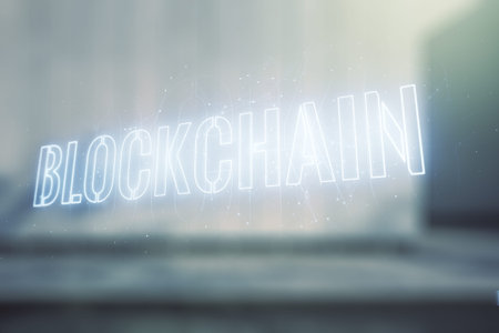 Double exposure of abstract virtual blockchain technology hologram on modern business center...