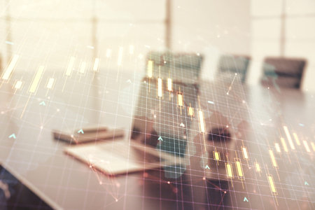 Double exposure of abstract creative financial diagram with world map on computer background,...