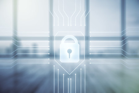 Virtual creative lock illustration with microcircuit on modern interior background, cyber security...