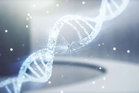DNA hologram on empty classroom background, biotechnology and genetic concept. Multiexposureの写真素材