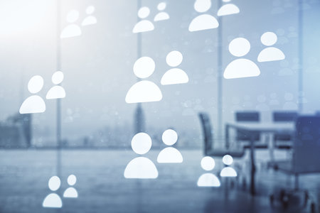 Double exposure of abstract virtual social network icons on a modern meeting room background. Marketing and promotion conceptの写真素材